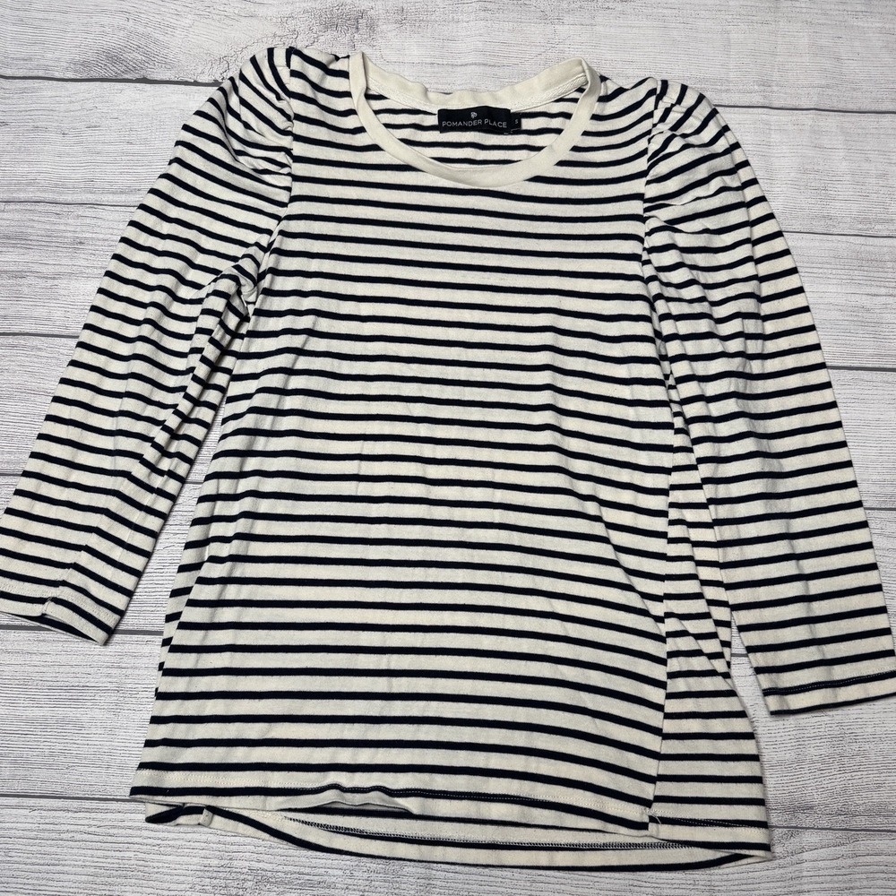 Pomander Place Tuckernuck Navy Ivory Stripe‎ Vesty Long Sleeve Puff Sleeve Top S